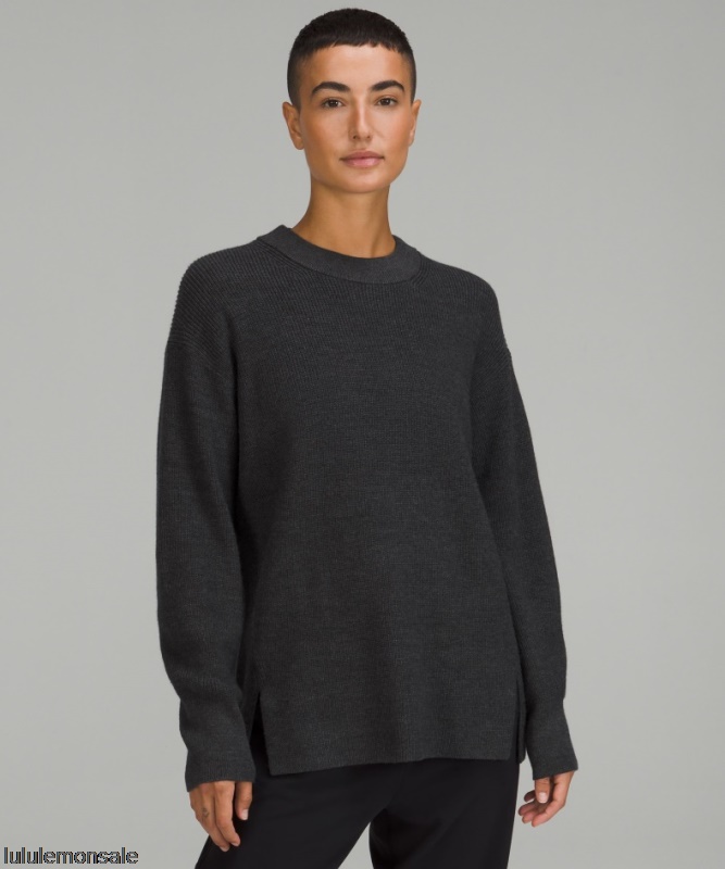 Lululemon Damen DELULU464 | Schwarz Meliert Gerippter Pullover Aus Einer Merinowollmischung Mit Rundhalsausschnitt